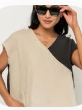 Two-Tone V-Neck Short Sleeve Top in Beige and Charcoal